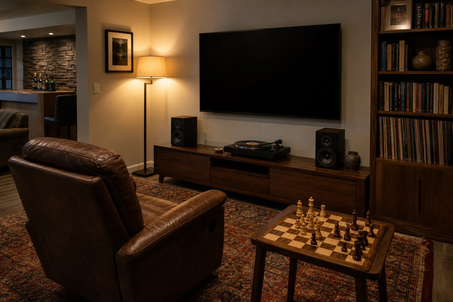 A brown leather recliner facing a wall-mounted TV, with bookshelf speakers and a turntable on the console and a chess set on the side table