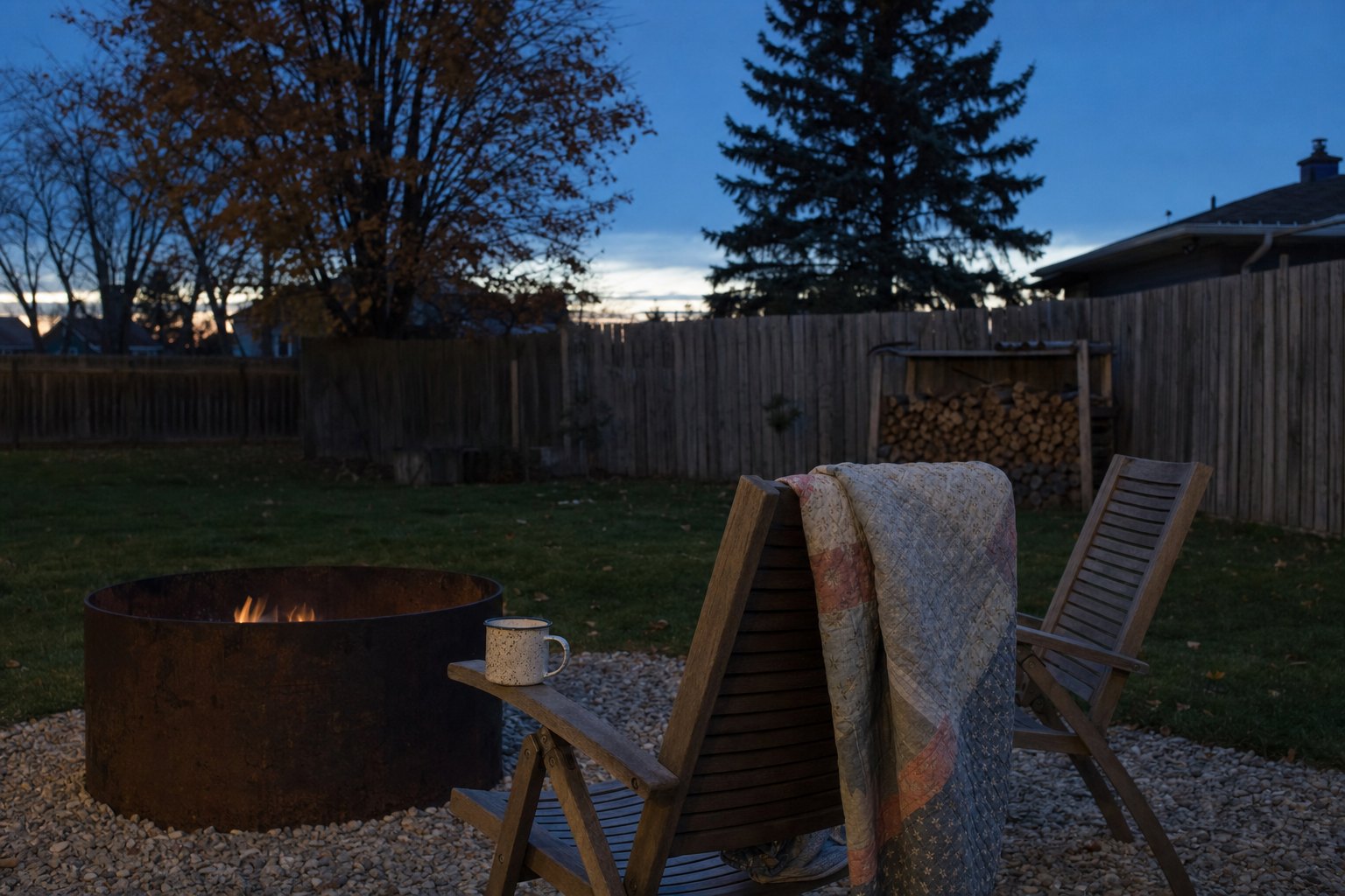 A lit outdoor fire pit at dusk with a folded blanket draped over a nearby patio chair