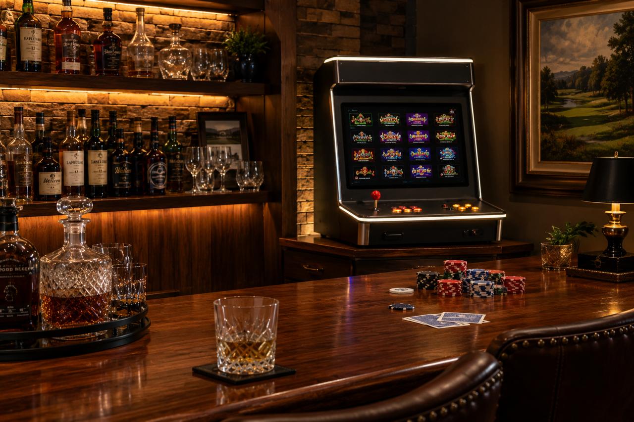 Home bar counter with cut-crystal glassware and a bartop arcade in warm evening light