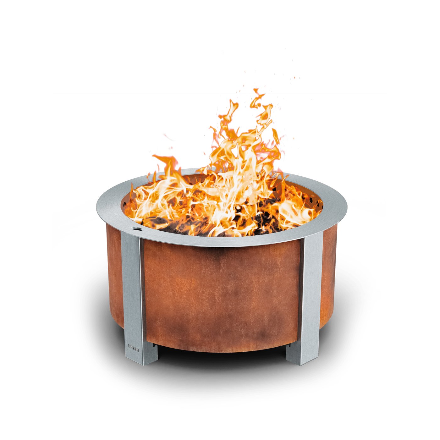 Breeo X Series smokeless fire pit with a fire going