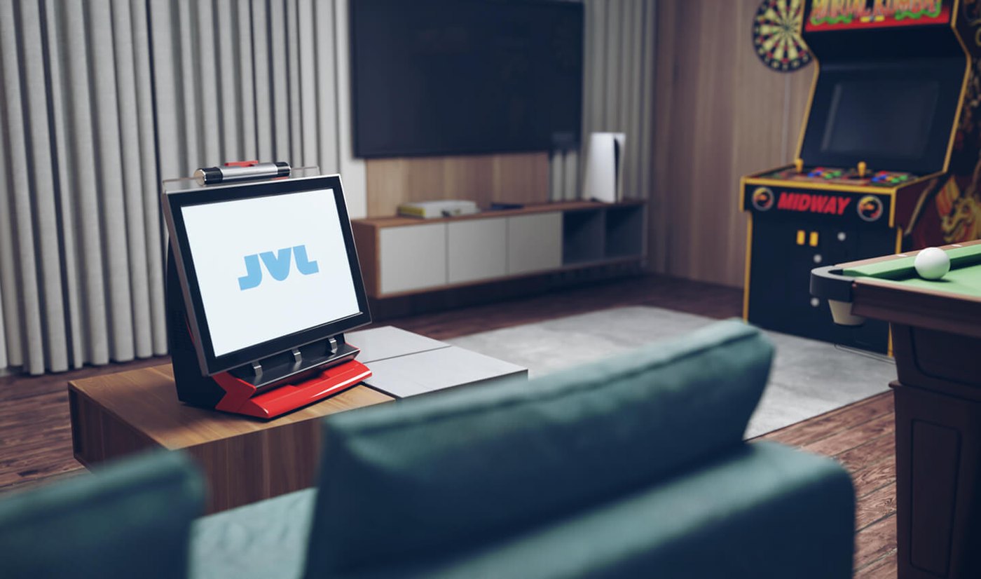 JVL Echo Home bartop arcade on a table in a home lounge