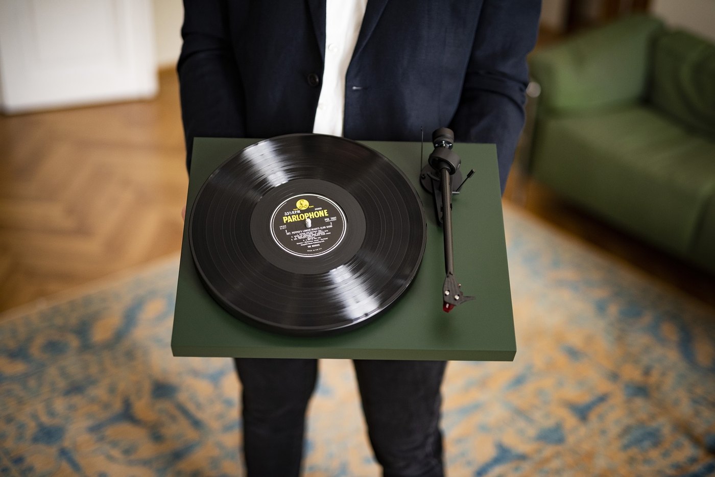 Pro-Ject Debut Carbon EVO turntable with a record on the platter