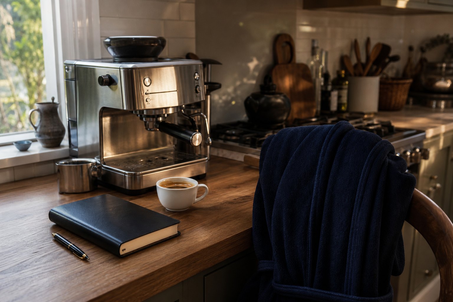 An espresso machine, a leather notebook with a pen, and a navy dressing gown on a kitchen counter in morning light